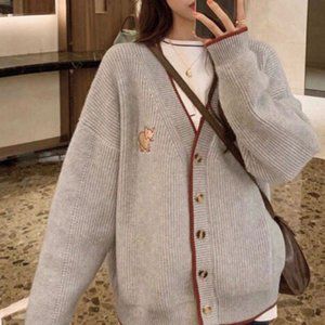 Grey and red knit cardigan with elephant mark